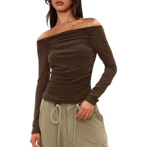 imageDarong Women Off Shoulder Shirts Long Sleeve Ruched Going Out Tops Trendy Slim Fit Fall Blouses Y2K TopsCoffee