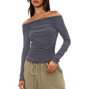 imageDarong Women Off Shoulder Shirts Long Sleeve Ruched Going Out Tops Trendy Slim Fit Fall Blouses Y2K TopsGrey
