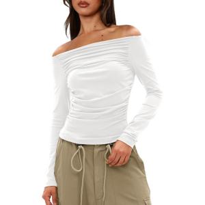 imageDarong Women Off Shoulder Shirts Long Sleeve Ruched Going Out Tops Trendy Slim Fit Fall Blouses Y2K TopsWhite