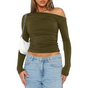 imageDarong Womens Casual Long Sleeve Boat Neck Off Shoulder Slim Fit Crop Top Going Out Blouses Y2K Tight ShirtsArmy Green