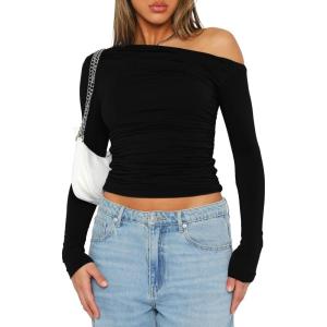 imageDarong Womens Casual Long Sleeve Boat Neck Off Shoulder Slim Fit Crop Top Going Out Blouses Y2K Tight ShirtsBlack