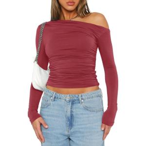 imageDarong Womens Casual Long Sleeve Boat Neck Off Shoulder Slim Fit Crop Top Going Out Blouses Y2K Tight ShirtsBrick Red