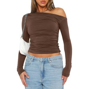 imageDarong Womens Casual Long Sleeve Boat Neck Off Shoulder Slim Fit Crop Top Going Out Blouses Y2K Tight ShirtsCoffee