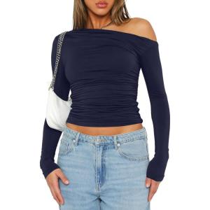 imageDarong Womens Casual Long Sleeve Boat Neck Off Shoulder Slim Fit Crop Top Going Out Blouses Y2K Tight ShirtsDark Blue