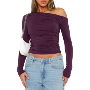imageDarong Womens Casual Long Sleeve Boat Neck Off Shoulder Slim Fit Crop Top Going Out Blouses Y2K Tight ShirtsDark Purple