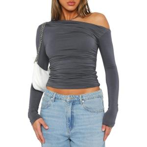 imageDarong Womens Casual Long Sleeve Boat Neck Off Shoulder Slim Fit Crop Top Going Out Blouses Y2K Tight ShirtsGrey