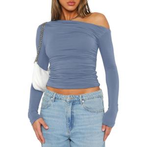 imageDarong Womens Casual Long Sleeve Boat Neck Off Shoulder Slim Fit Crop Top Going Out Blouses Y2K Tight ShirtsGrey Blue