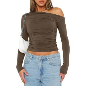 imageDarong Womens Casual Long Sleeve Boat Neck Off Shoulder Slim Fit Crop Top Going Out Blouses Y2K Tight ShirtsKhaki