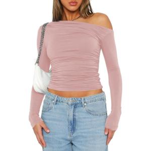 imageDarong Womens Casual Long Sleeve Boat Neck Off Shoulder Slim Fit Crop Top Going Out Blouses Y2K Tight ShirtsLight Pink