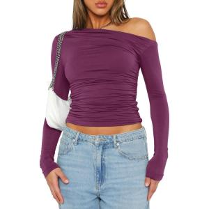 imageDarong Womens Casual Long Sleeve Boat Neck Off Shoulder Slim Fit Crop Top Going Out Blouses Y2K Tight ShirtsPurple Red