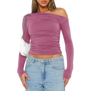 imageDarong Womens Casual Long Sleeve Boat Neck Off Shoulder Slim Fit Crop Top Going Out Blouses Y2K Tight ShirtsRaspberry Pink