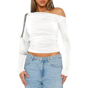 imageDarong Womens Casual Long Sleeve Boat Neck Off Shoulder Slim Fit Crop Top Going Out Blouses Y2K Tight ShirtsWhite