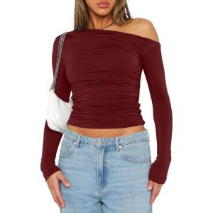 imageDarong Womens Casual Long Sleeve Boat Neck Off Shoulder Slim Fit Crop Top Going Out Blouses Y2K Tight ShirtsWine Red