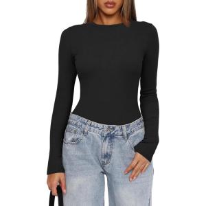 imageDarong Womens Long Sleeve Bodysuits Crew Neck Body Suits 2024 Basic One Piece Bodysuit TopsBlack