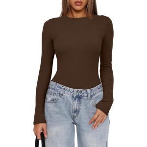 imageDarong Womens Long Sleeve Bodysuits Crew Neck Body Suits 2024 Basic One Piece Bodysuit TopsCoffee