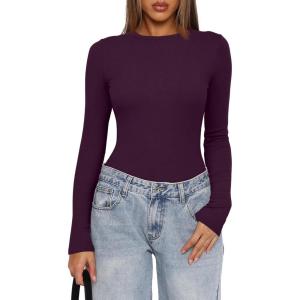 imageDarong Womens Long Sleeve Bodysuits Crew Neck Body Suits 2024 Basic One Piece Bodysuit TopsDark Purple
