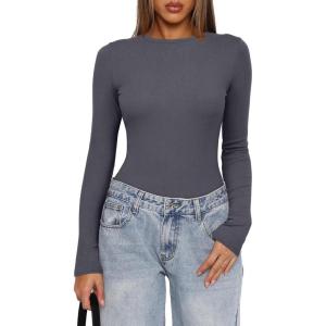 imageDarong Womens Long Sleeve Bodysuits Crew Neck Body Suits 2024 Basic One Piece Bodysuit TopsGrey