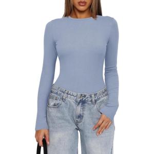 imageDarong Womens Long Sleeve Bodysuits Crew Neck Body Suits 2024 Basic One Piece Bodysuit TopsGrey Blue