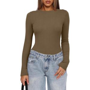 imageDarong Womens Long Sleeve Bodysuits Crew Neck Body Suits 2024 Basic One Piece Bodysuit TopsKhaki