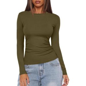 imageDarong Womens Long Sleeve Crew Neck Shirts Fall Basic Casual Ruched Side Slim Fit T Shirts Tee TopsArmy Green