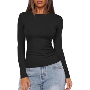 imageDarong Womens Long Sleeve Crew Neck Shirts Fall Basic Casual Ruched Side Slim Fit T Shirts Tee TopsBlack