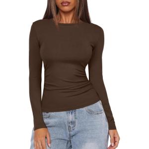 imageDarong Womens Long Sleeve Crew Neck Shirts Fall Basic Casual Ruched Side Slim Fit T Shirts Tee TopsCoffee