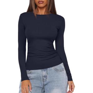 imageDarong Womens Long Sleeve Crew Neck Shirts Fall Basic Casual Ruched Side Slim Fit T Shirts Tee TopsDark Blue