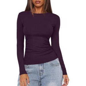 imageDarong Womens Long Sleeve Crew Neck Shirts Fall Basic Casual Ruched Side Slim Fit T Shirts Tee TopsDark Purple