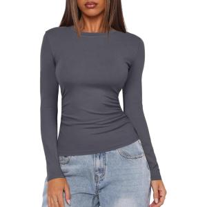 imageDarong Womens Long Sleeve Crew Neck Shirts Fall Basic Casual Ruched Side Slim Fit T Shirts Tee TopsGrey