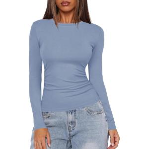 imageDarong Womens Long Sleeve Crew Neck Shirts Fall Basic Casual Ruched Side Slim Fit T Shirts Tee TopsGrey Blue