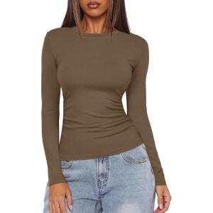 imageDarong Womens Long Sleeve Crew Neck Shirts Fall Basic Casual Ruched Side Slim Fit T Shirts Tee TopsKhaki