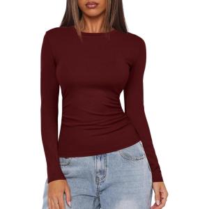 imageDarong Womens Long Sleeve Crew Neck Shirts Fall Basic Casual Ruched Side Slim Fit T Shirts Tee TopsWine Red