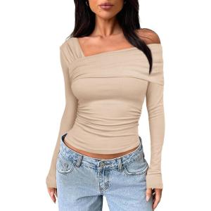 imageDarong Womens One Off Shoulder Long Sleeve Tops Ruched Going Out Crop Shirts Slim Fit Y2K Tee BlouseApricot