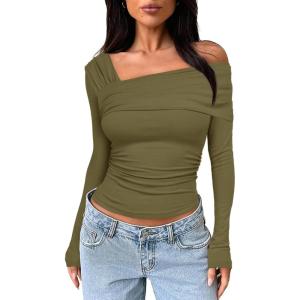 imageDarong Womens One Off Shoulder Long Sleeve Tops Ruched Going Out Crop Shirts Slim Fit Y2K Tee BlouseArmy Green