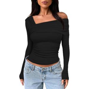 imageDarong Womens One Off Shoulder Long Sleeve Tops Ruched Going Out Crop Shirts Slim Fit Y2K Tee BlouseBlack