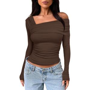 imageDarong Womens One Off Shoulder Long Sleeve Tops Ruched Going Out Crop Shirts Slim Fit Y2K Tee BlouseCoffee