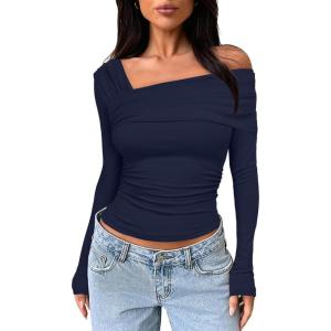 imageDarong Womens One Off Shoulder Long Sleeve Tops Ruched Going Out Crop Shirts Slim Fit Y2K Tee BlouseDark Blue
