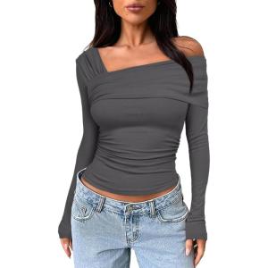 imageDarong Womens One Off Shoulder Long Sleeve Tops Ruched Going Out Crop Shirts Slim Fit Y2K Tee BlouseGrey