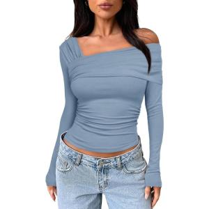 imageDarong Womens One Off Shoulder Long Sleeve Tops Ruched Going Out Crop Shirts Slim Fit Y2K Tee BlouseGrey Blue