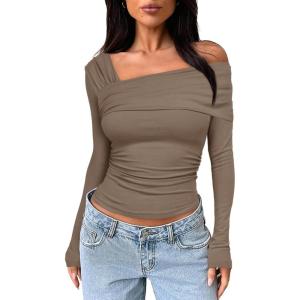 imageDarong Womens One Off Shoulder Long Sleeve Tops Ruched Going Out Crop Shirts Slim Fit Y2K Tee BlouseKhaki
