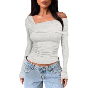 imageDarong Womens One Off Shoulder Long Sleeve Tops Ruched Going Out Crop Shirts Slim Fit Y2K Tee BlouseLight Grey
