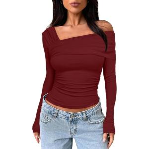imageDarong Womens One Off Shoulder Long Sleeve Tops Ruched Going Out Crop Shirts Slim Fit Y2K Tee BlouseWine Red