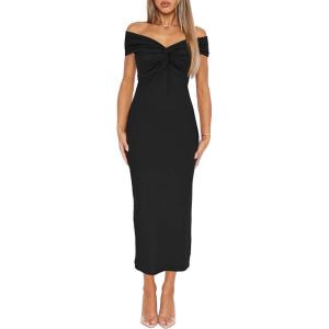 imageDarong Womens Summer Off The Shoulder Twist Knot Front Bodycon Dresses Long Going Out Casual Elegant Party DressBlack