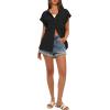 imageDarong Womens Button Down Cuffed Short Sleeve Shirts Cotton Casual 2025 Summer Loose Fit Blouse TopBlack