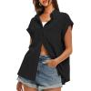 imageDarong Womens Button Down Cuffed Short Sleeve Shirts Cotton Casual 2025 Summer Loose Fit Blouse TopBlack