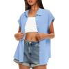 imageDarong Womens Button Down Cuffed Short Sleeve Shirts Cotton Casual 2025 Summer Loose Fit Blouse TopBlue