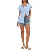 imageDarong Womens Button Down Cuffed Short Sleeve Shirts Cotton Casual 2025 Summer Loose Fit Blouse TopLight Blue