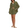 imageDarong Womens Summer 2 Piece Outfit Sets Long Sleeve Button Down Shirts Matching Short Sets Beach Vacation Lounge SetArmy Green