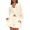 imageDarong Womens Summer 2 Piece Outfit Sets Long Sleeve Button Down Shirts Matching Short Sets Beach Vacation Lounge SetBeige