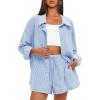 imageDarong Womens Summer 2 Piece Outfit Sets Long Sleeve Button Down Shirts Matching Short Sets Beach Vacation Lounge SetBlue Stripe